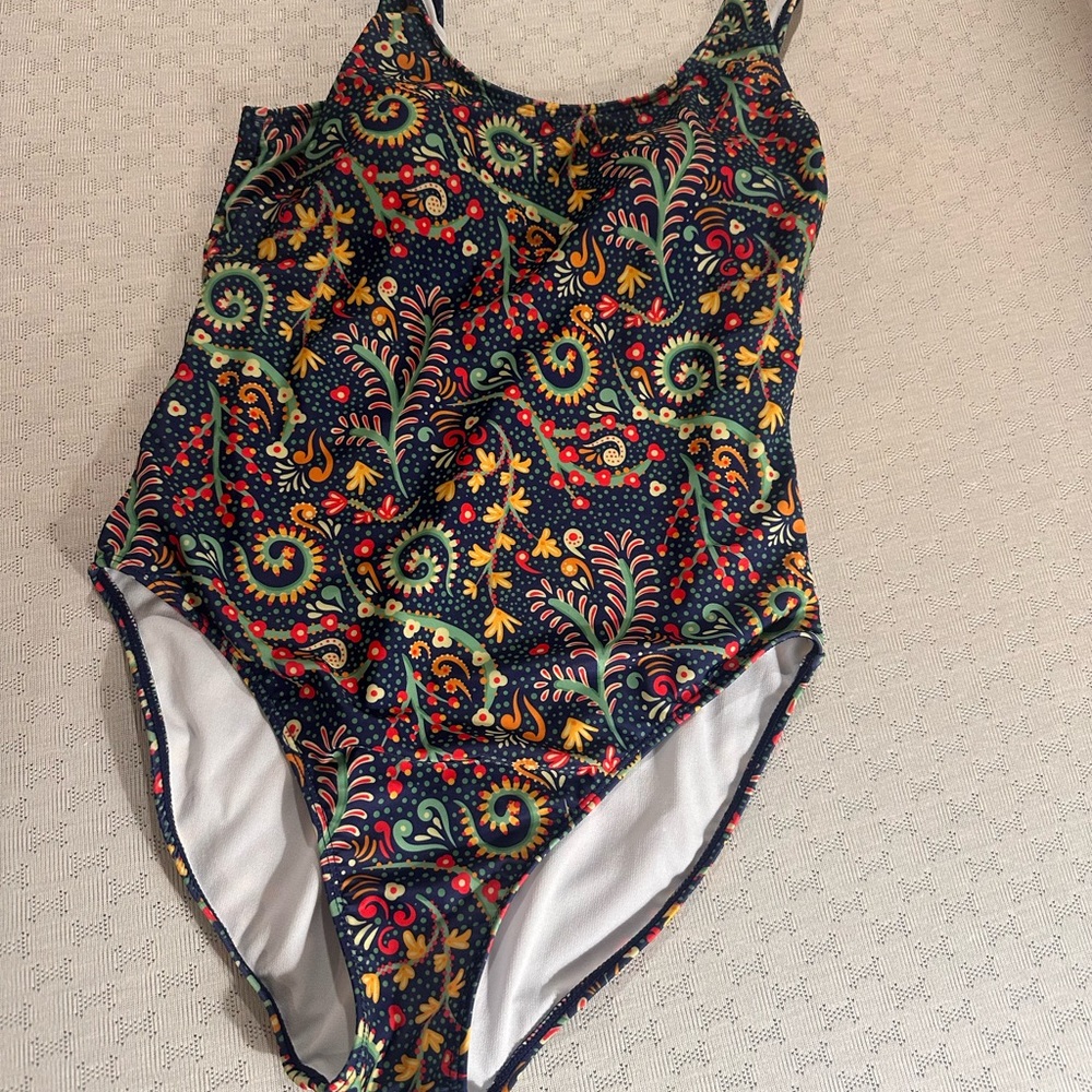 Navy Floral Paisley One-Piece Swimsuit with Yellow and Red Accents